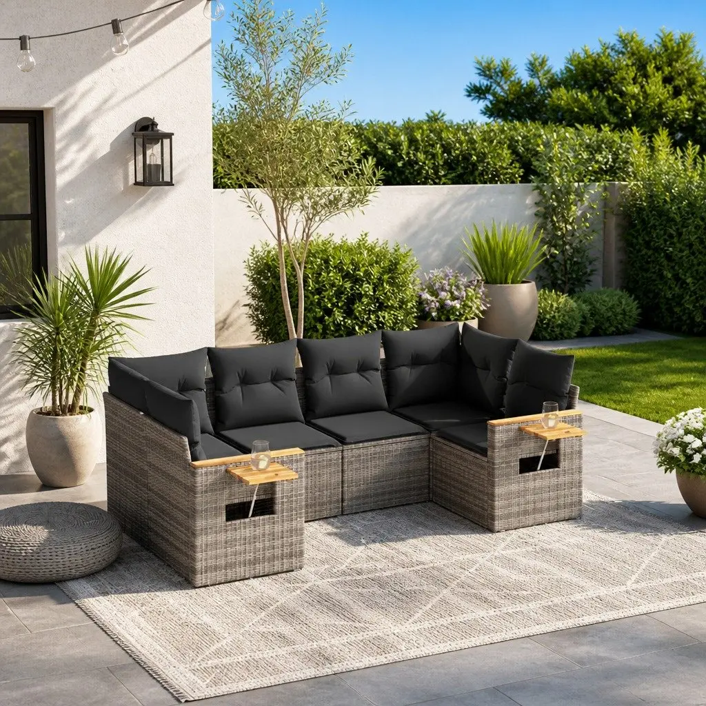 Garden Sofa Set Outdoor Furniture Patio Grey 6 Piece Poly Rattan with Cushions