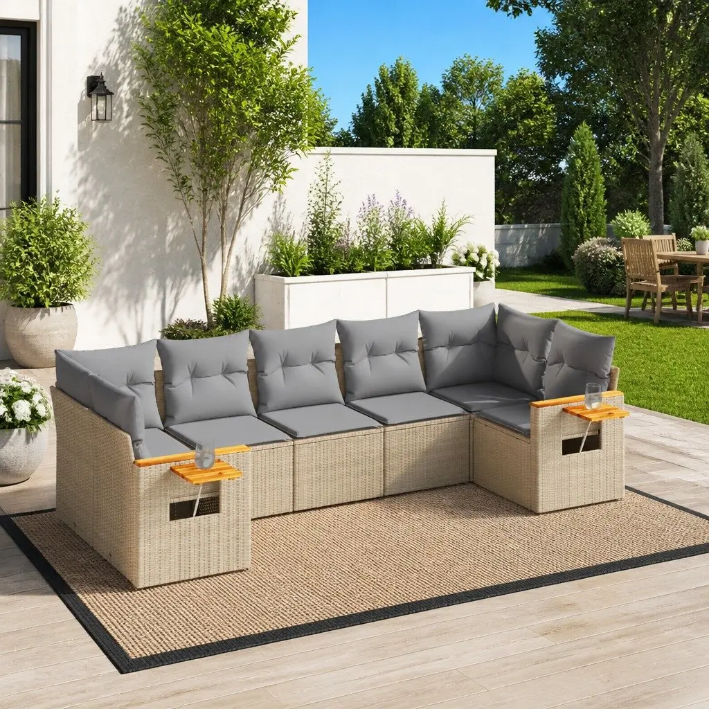 7 Piece Garden Sofa Set for Outdoor Patio Beige Poly Rattan Furniture with Cushions