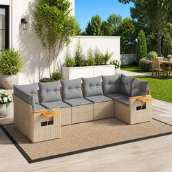 Outdoor Garden Sofa Set 7 Piece Beige Poly Rattan Furniture Patio Cushions