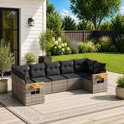 7 Piece Garden Sofa Set with Cushions Grey Poly Rattan Outdoor Furniture Patio