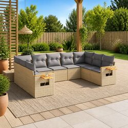 Garden Sofa Set 9 Piece Outdoor Furniture Patio Beige Poly Rattan Modular