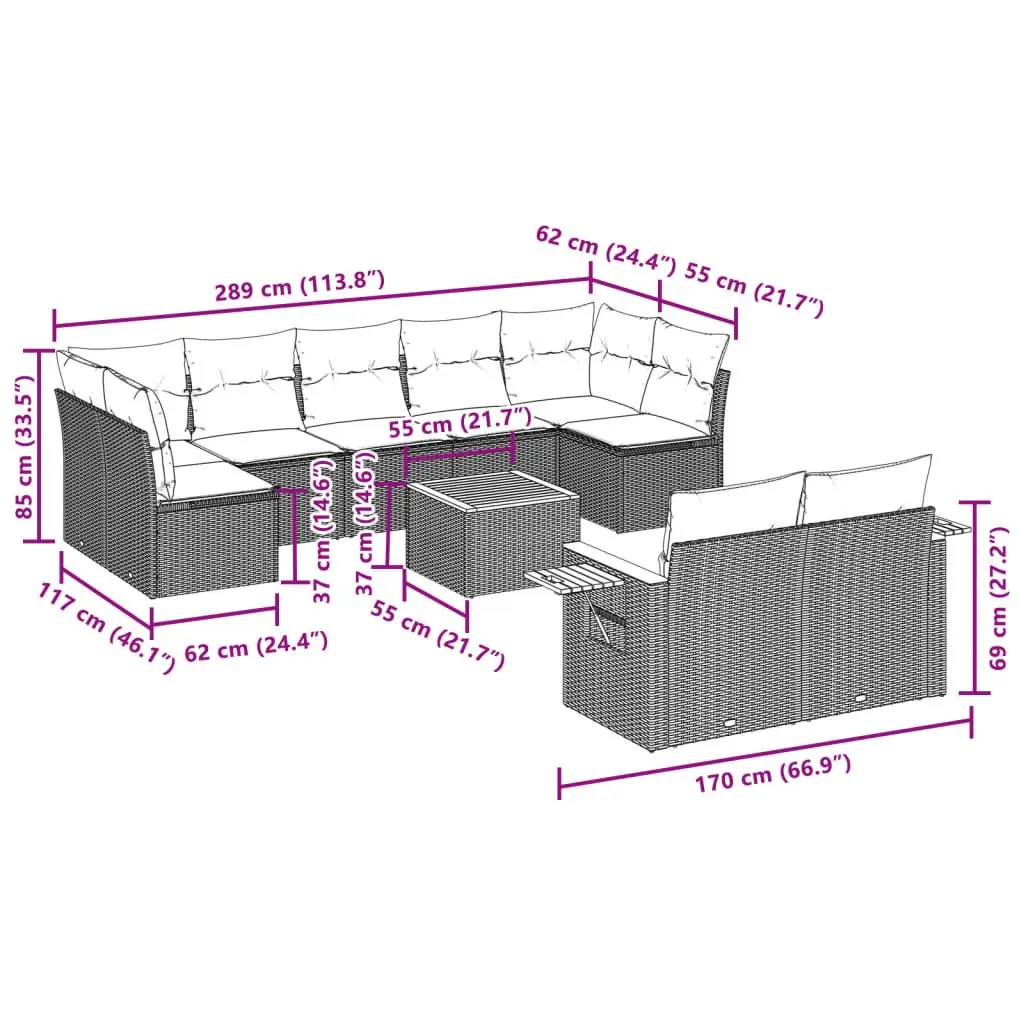 10 Piece Outdoor Modular Sofa Set Grey Poly Rattan Furniture for Patio and Garden