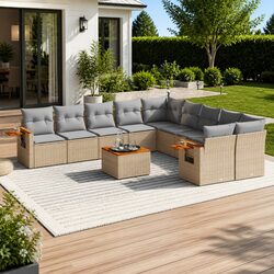 11-Piece Outdoor Furniture Set - Beige Poly Rattan