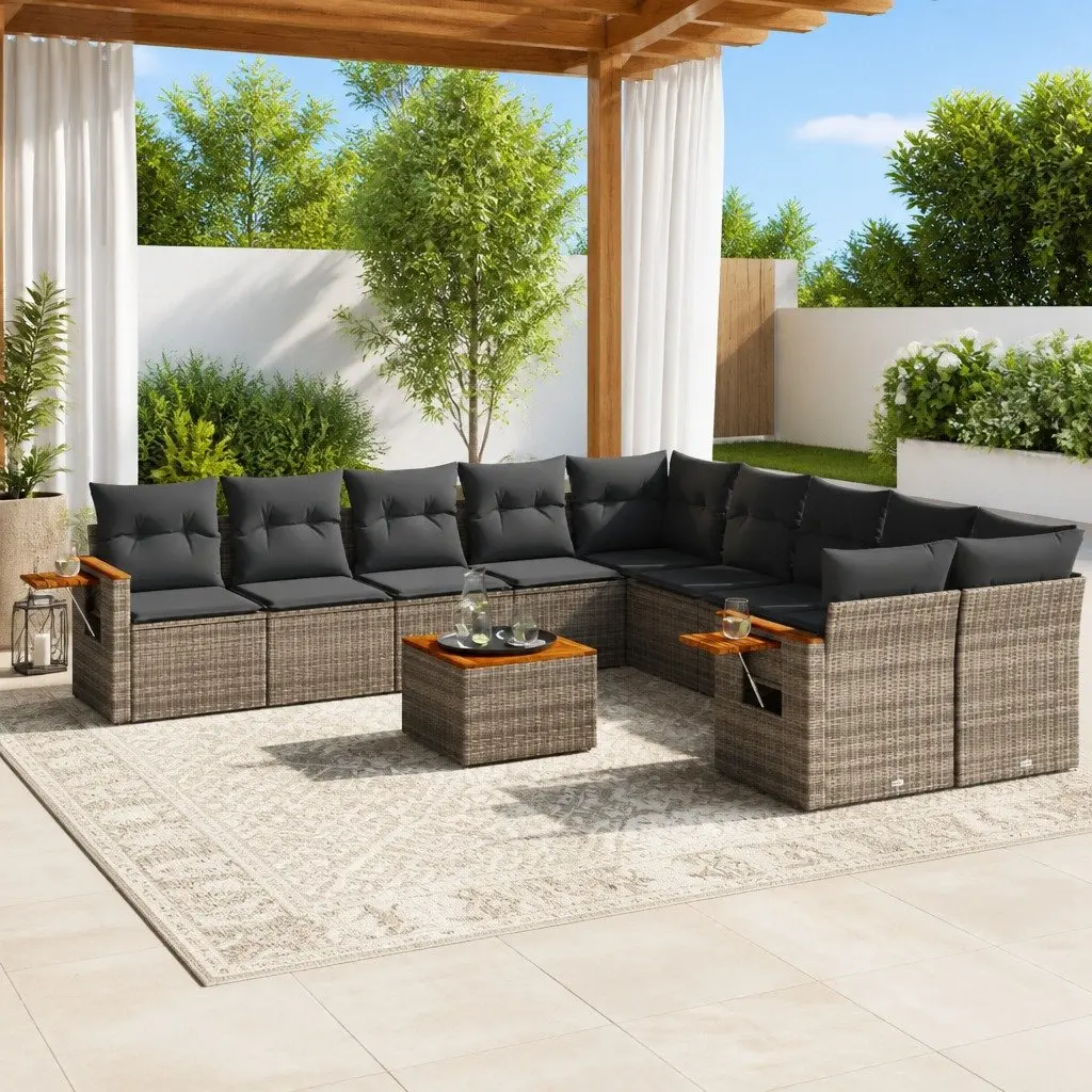 11 Piece Modular Outdoor Sofa Set for Patio with Grey Cushions and Acacia Wood Table
