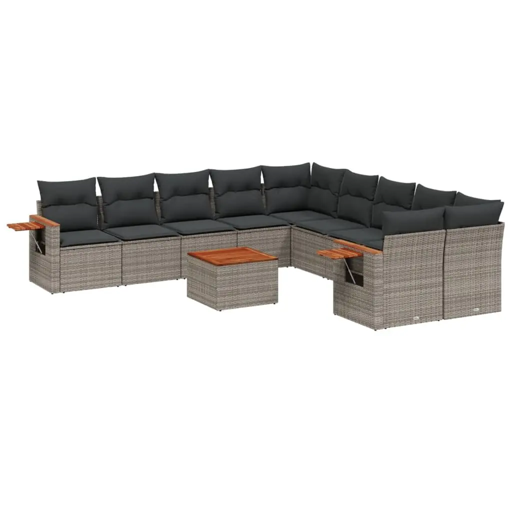 11 Piece Modular Outdoor Sofa Set for Patio with Grey Cushions and Acacia Wood Table