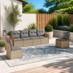 Outdoor Garden Sofa Set: 6 Pieces, Beige Cushions Included