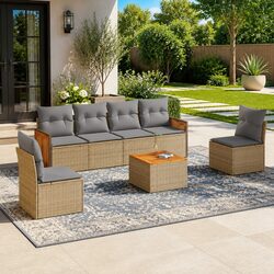 7 Piece Outdoor Garden Sofa Set - Beige PE Rattan