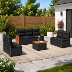 Garden Sofa Set: 8 Pieces, PE Rattan, Black Cushions