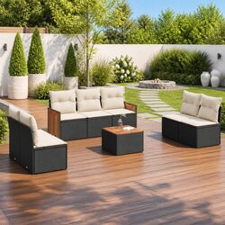 8 Piece Garden Sofa Set – Black, PE Rattan, Acacia Wood
