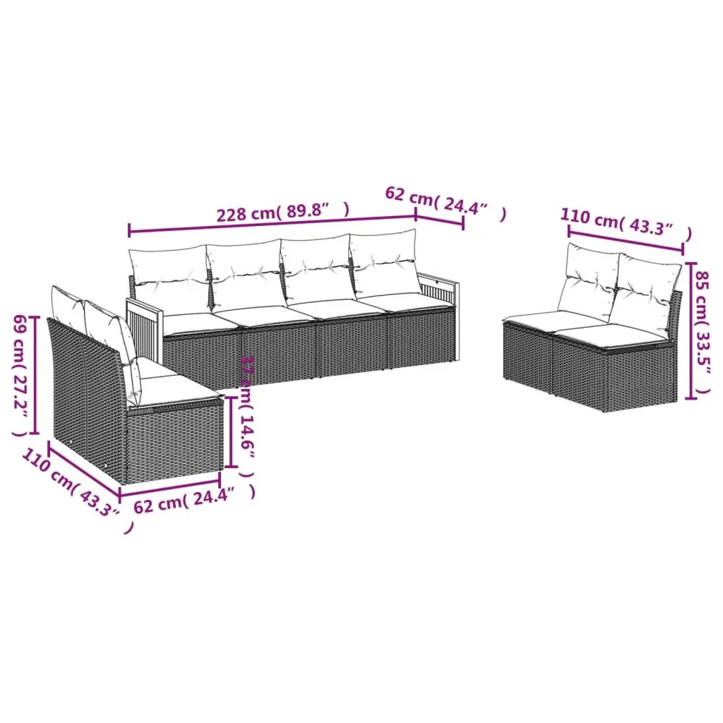 8 Piece Outdoor Garden Sofa Set for Patio Black Rattan with Cushions