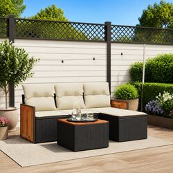 Outdoor Garden Sofa Set: 5 Piece Black Rattan with Cushions
