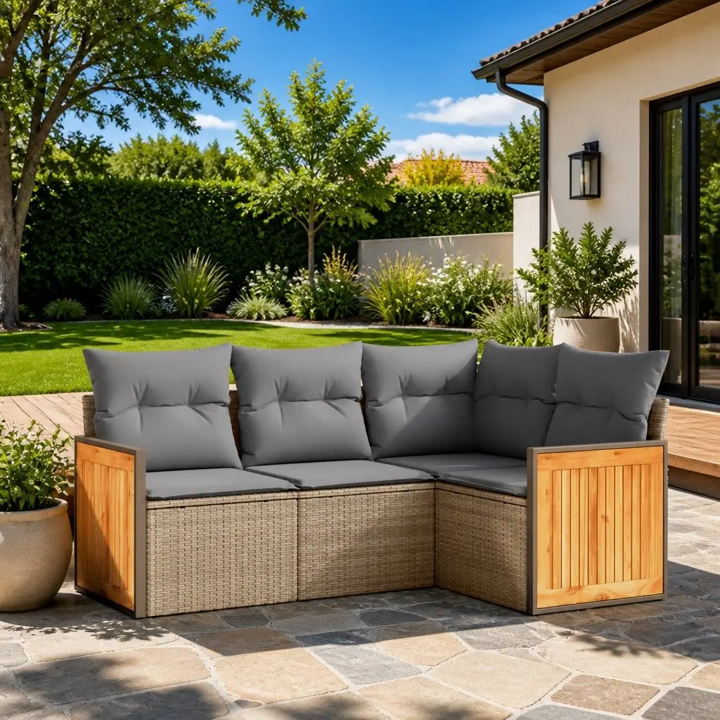 Outdoor Furniture Modular Sofa Set 4 Piece Beige Poly Rattan with Cushions for Patio Garden