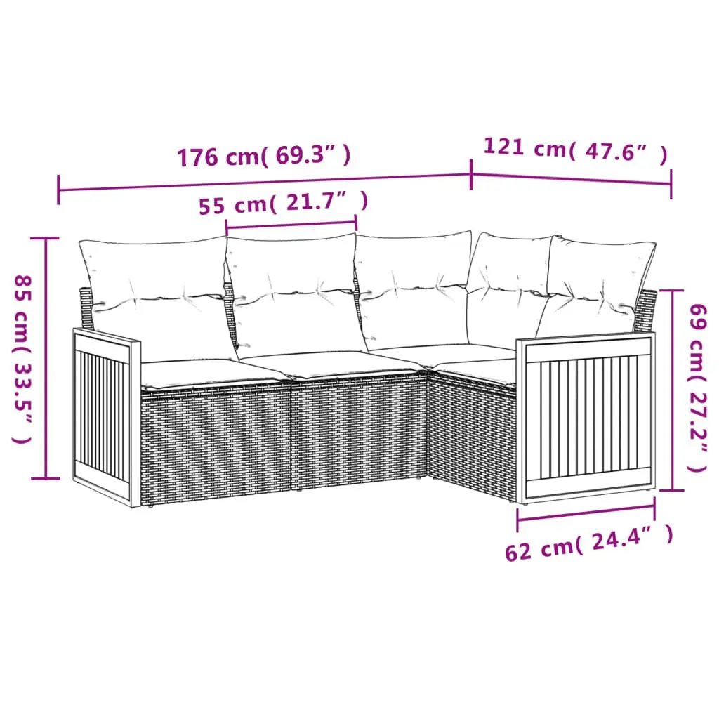 4 Piece Garden Sofa Set for Patio Grey Poly Rattan with Cushions