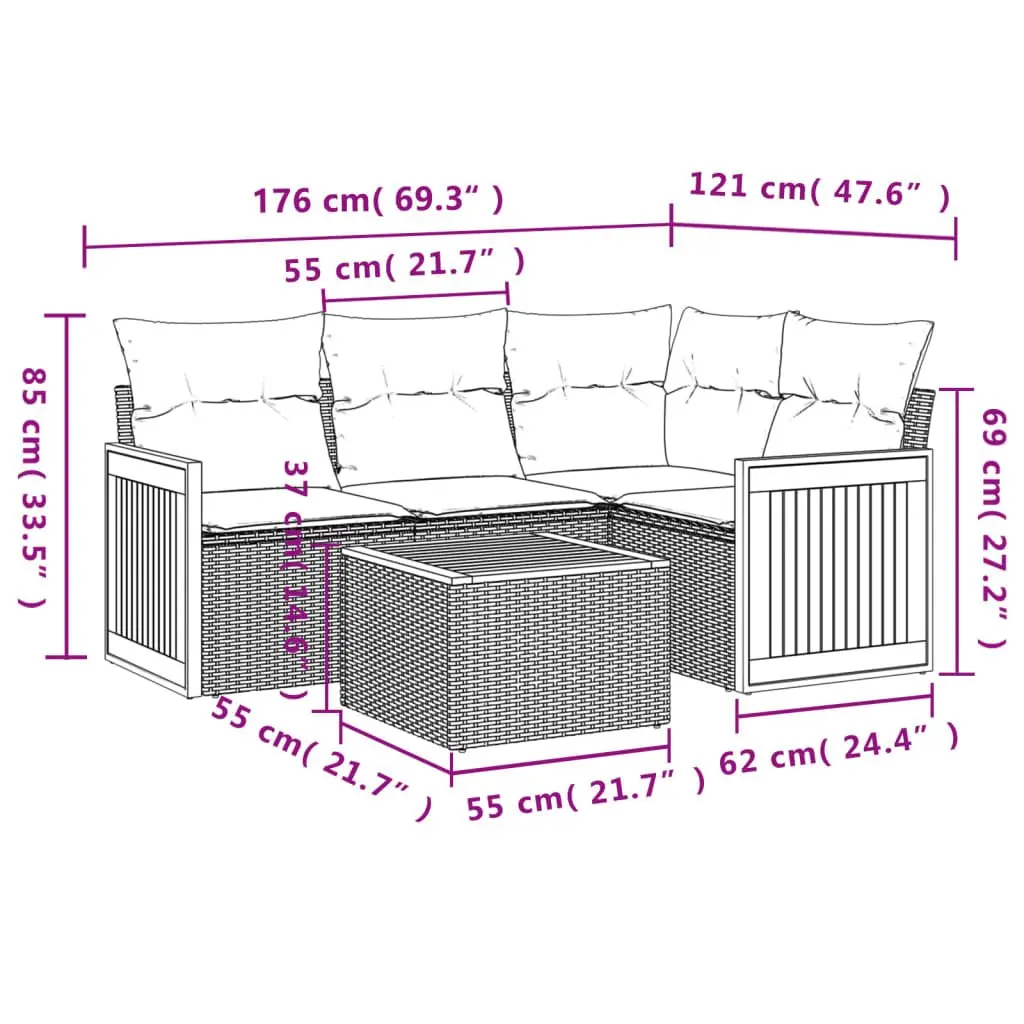 5 Piece Garden Sofa Set with Grey Cushions