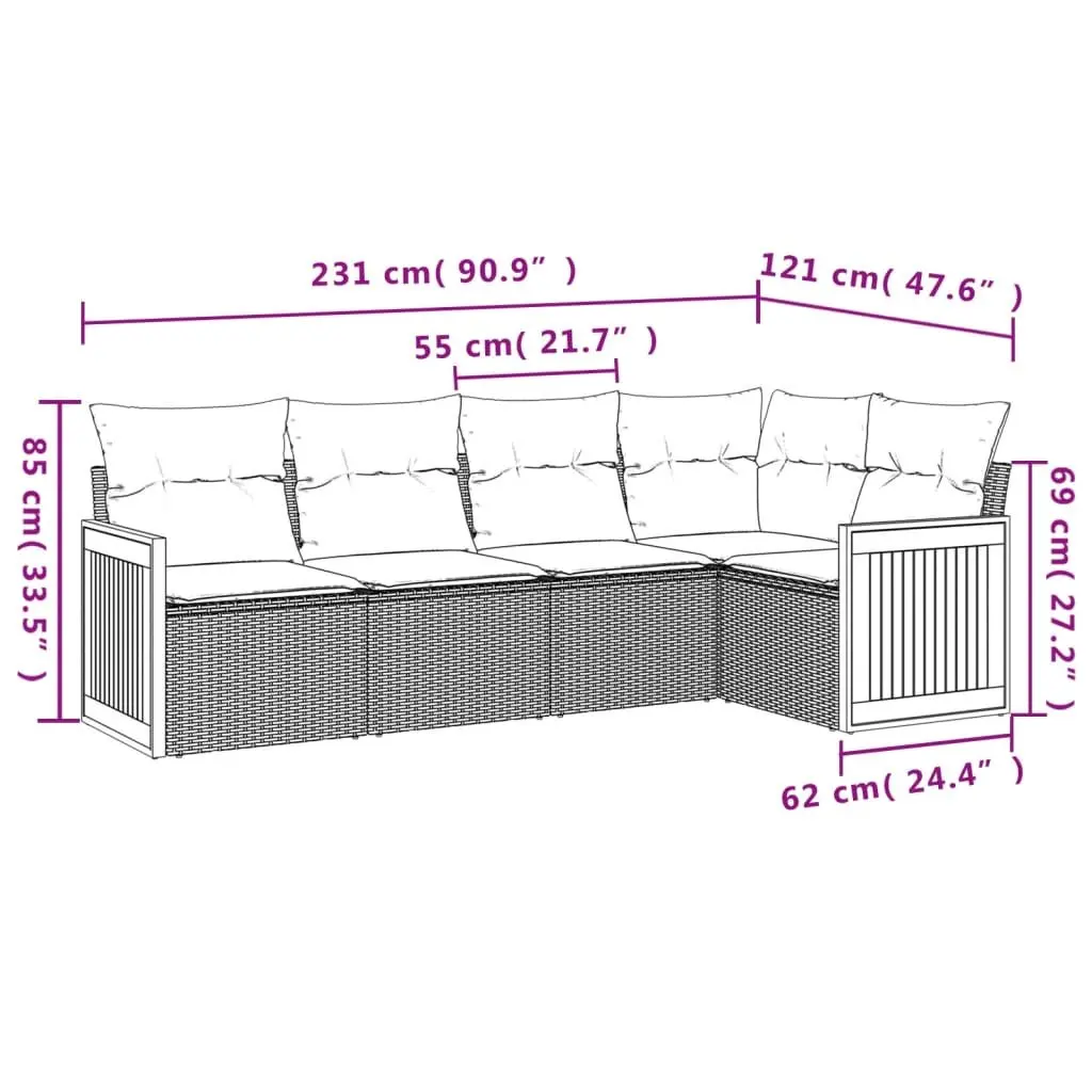 Garden Sofa Set 5 Piece Outdoor Furniture Grey Poly Rattan Patio Seating with