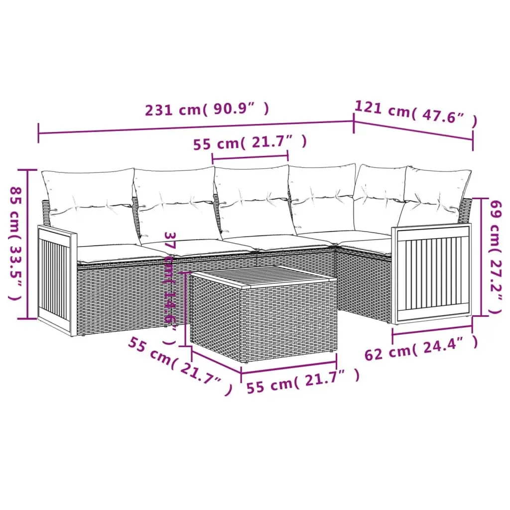 Garden Sofa Set 6 Piece Outdoor Furniture Grey Poly Rattan Modular Patio Seating