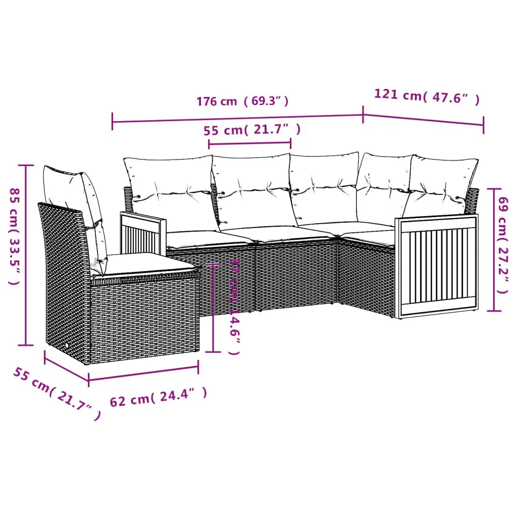 5-Piece Modular Patio Sofa Set in Black Poly Rattan