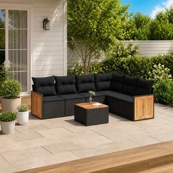 7 Piece Garden Sofa Set with Cushions Outdoor Patio Furniture Black Poly Rattan
