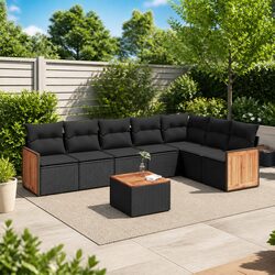 8-Piece Black Garden Sofa Set with Acacia Wood Tabletop