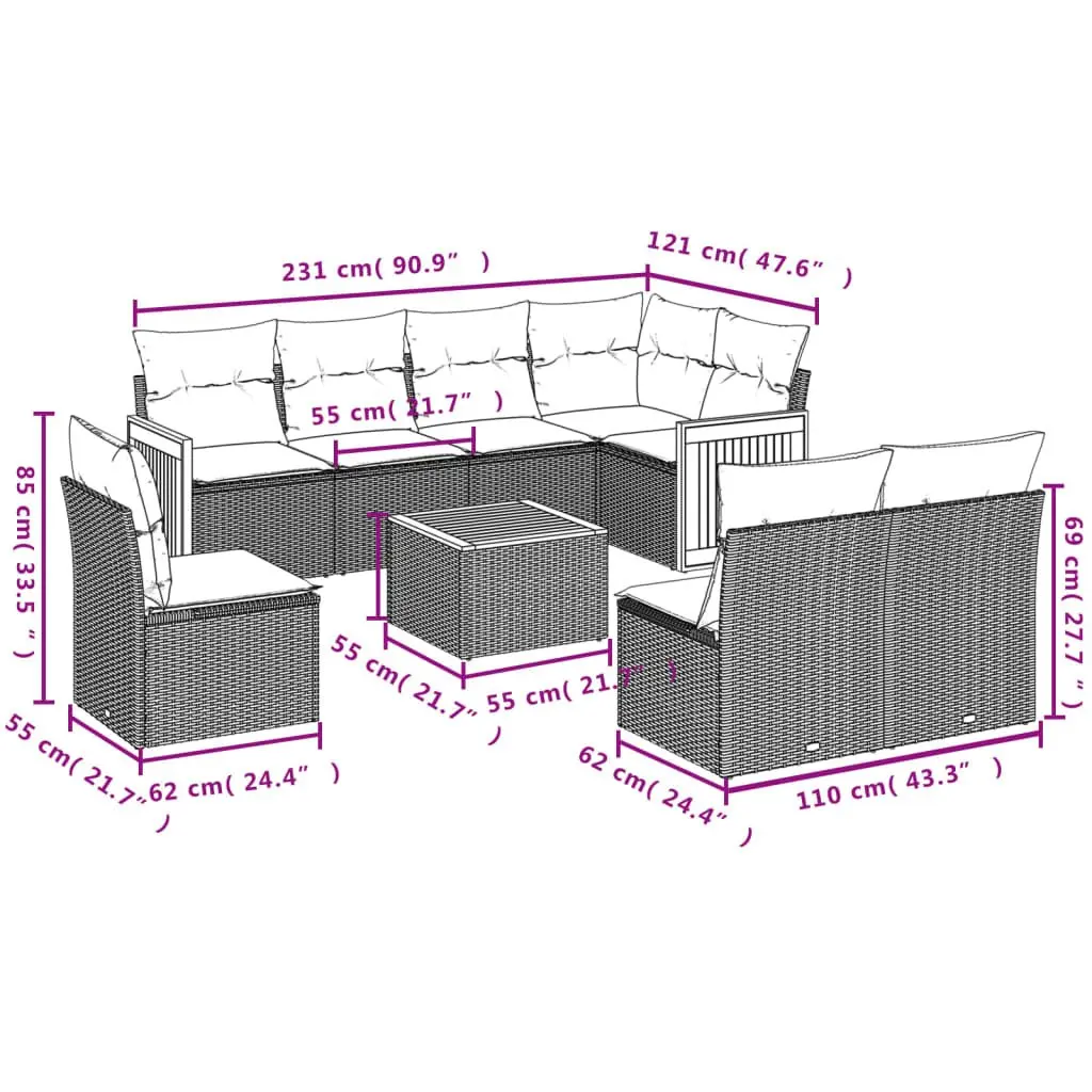 9 Piece Garden Sofa Set with Beige Cushions