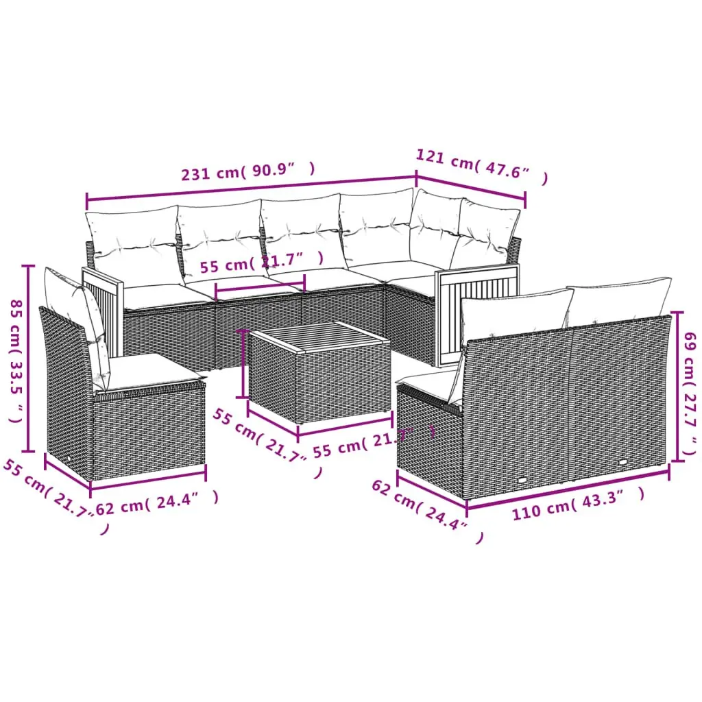 Garden Sofa Set Outdoor Furniture Patio Rattan Grey 9 Piece with Cushions