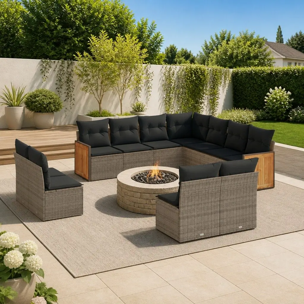 Garden Sofa Set 11 Piece Outdoor Furniture Grey Poly Rattan with Cushions Patio
