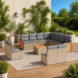 12-Piece Garden Sofa Set: Beige Rattan and Acacia Wood