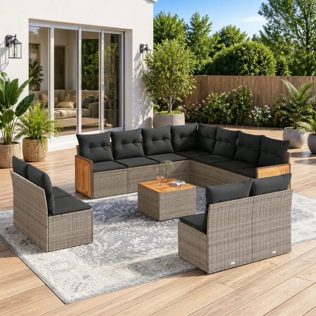 12 Piece Modular Sofa Set for Outdoor Garden and Patio Grey Rattan with Acacia Wood Table Top and Thick Cushions