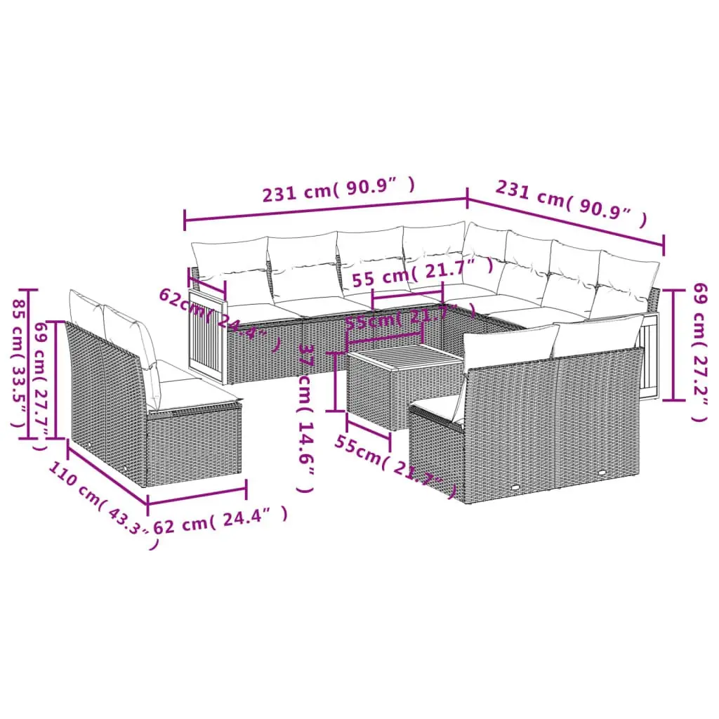 12 Piece Modular Sofa Set for Outdoor Garden and Patio Grey Rattan with Acacia Wood Table Top and Thick Cushions