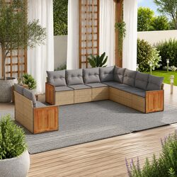 Garden Sofa Set 9 Piece Outdoor Furniture Patio Beige Cushions Modular Rattan