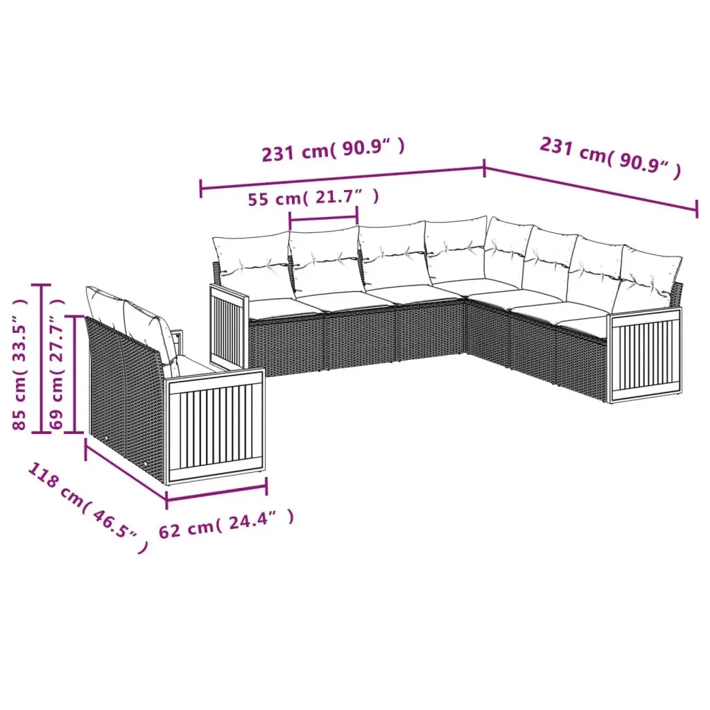 Garden Sofa Set 9 Piece Outdoor Furniture Patio Lounge with Cushions Grey