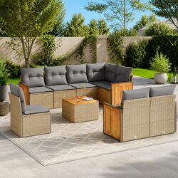 9-Piece Modular Outdoor Sofa Set with Cushions and Acacia Tabletop