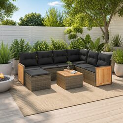 8 Piece Grey Garden Sofa Set with Acacia Wood Table