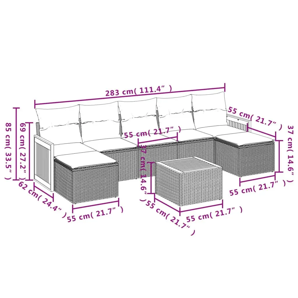 Garden Sofa Set Outdoor Use 8 Piece Grey Modular Rattan Furniture