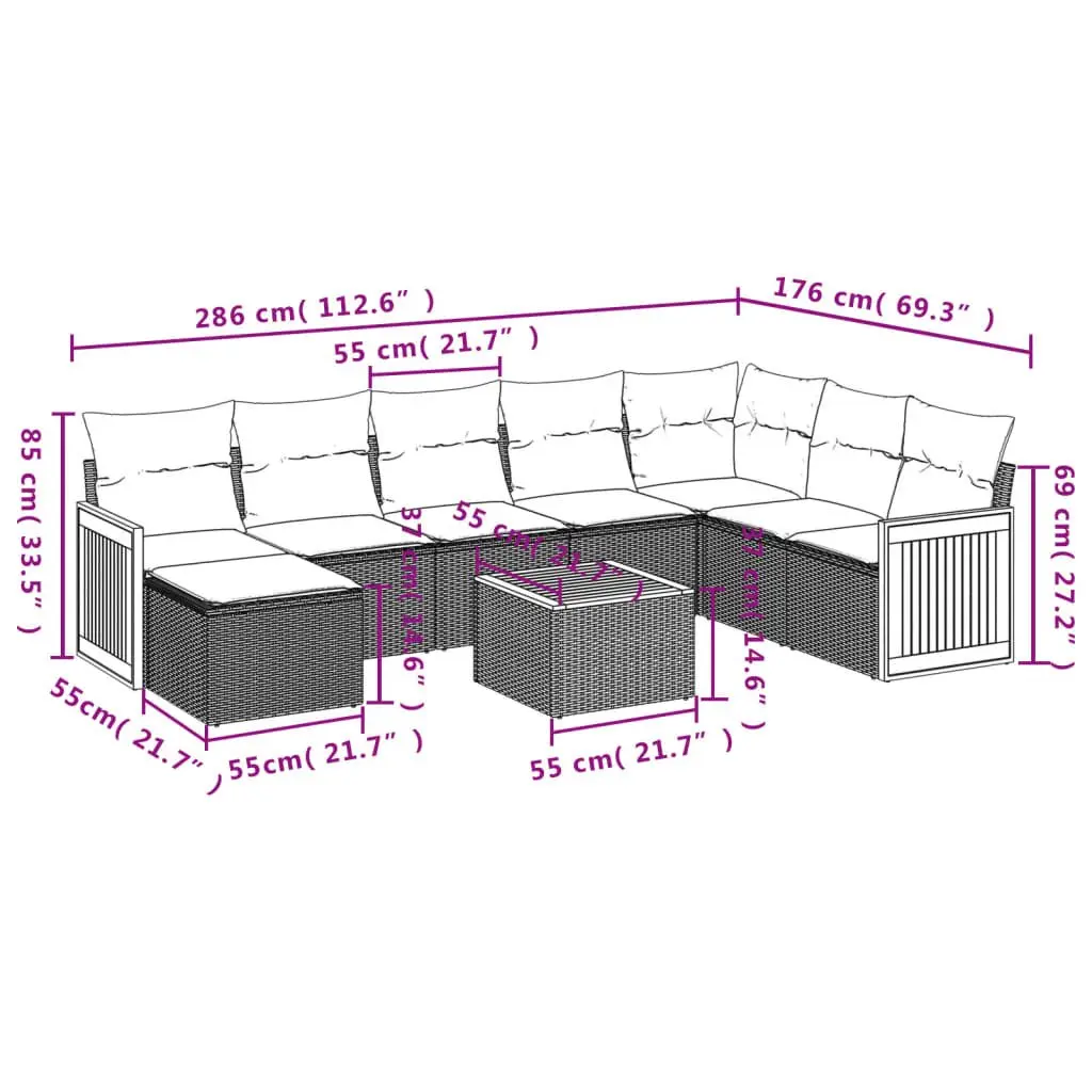 Modular Outdoor Sofa Set 9 Piece Patio Furniture Grey for Garden Living Space