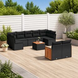 10-Piece Black Garden Sofa Set with PE Rattan and Wood Top