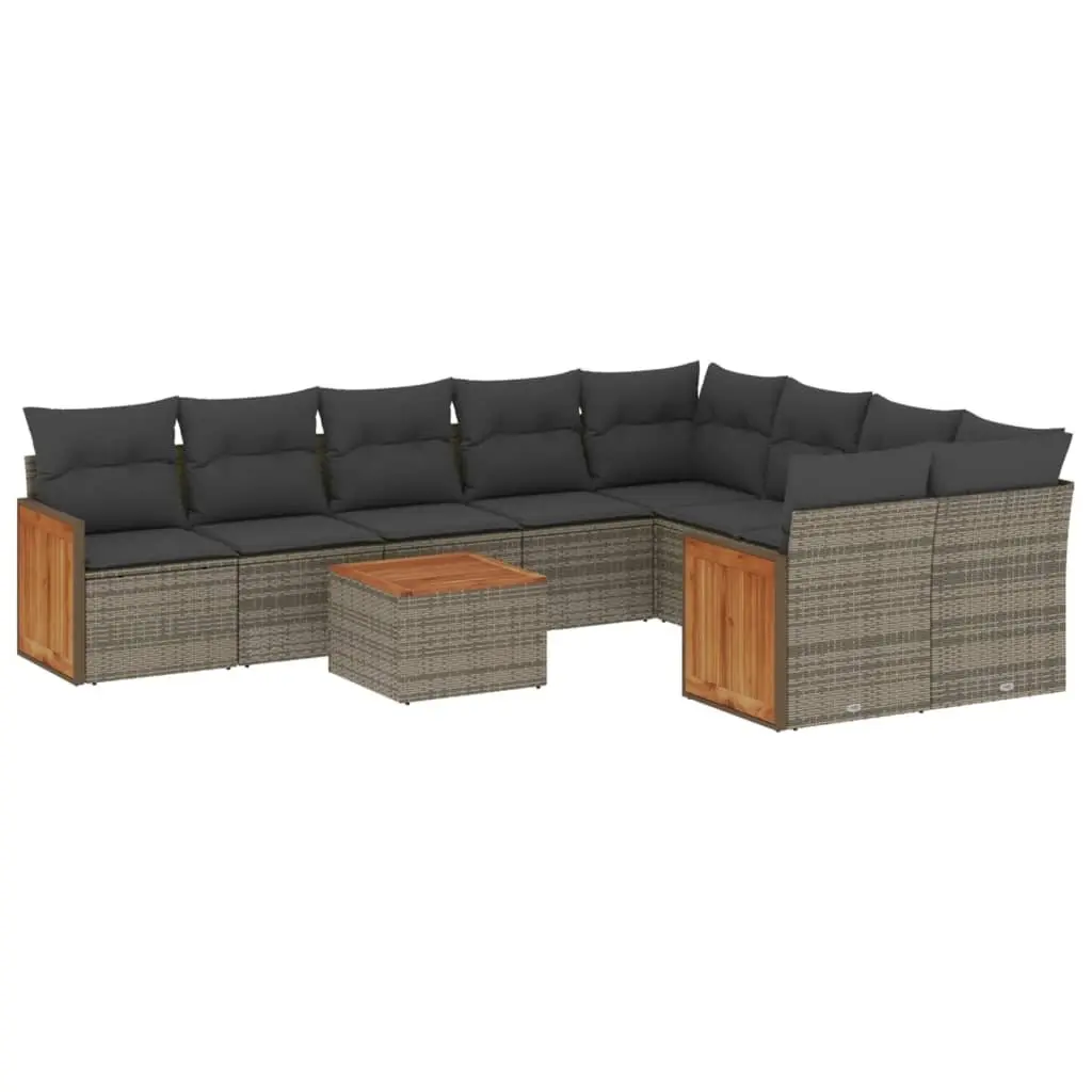10 Piece Modular Grey Poly Rattan Outdoor Sofa Set for Patio Garden with Cushions and Acacia Wood Table