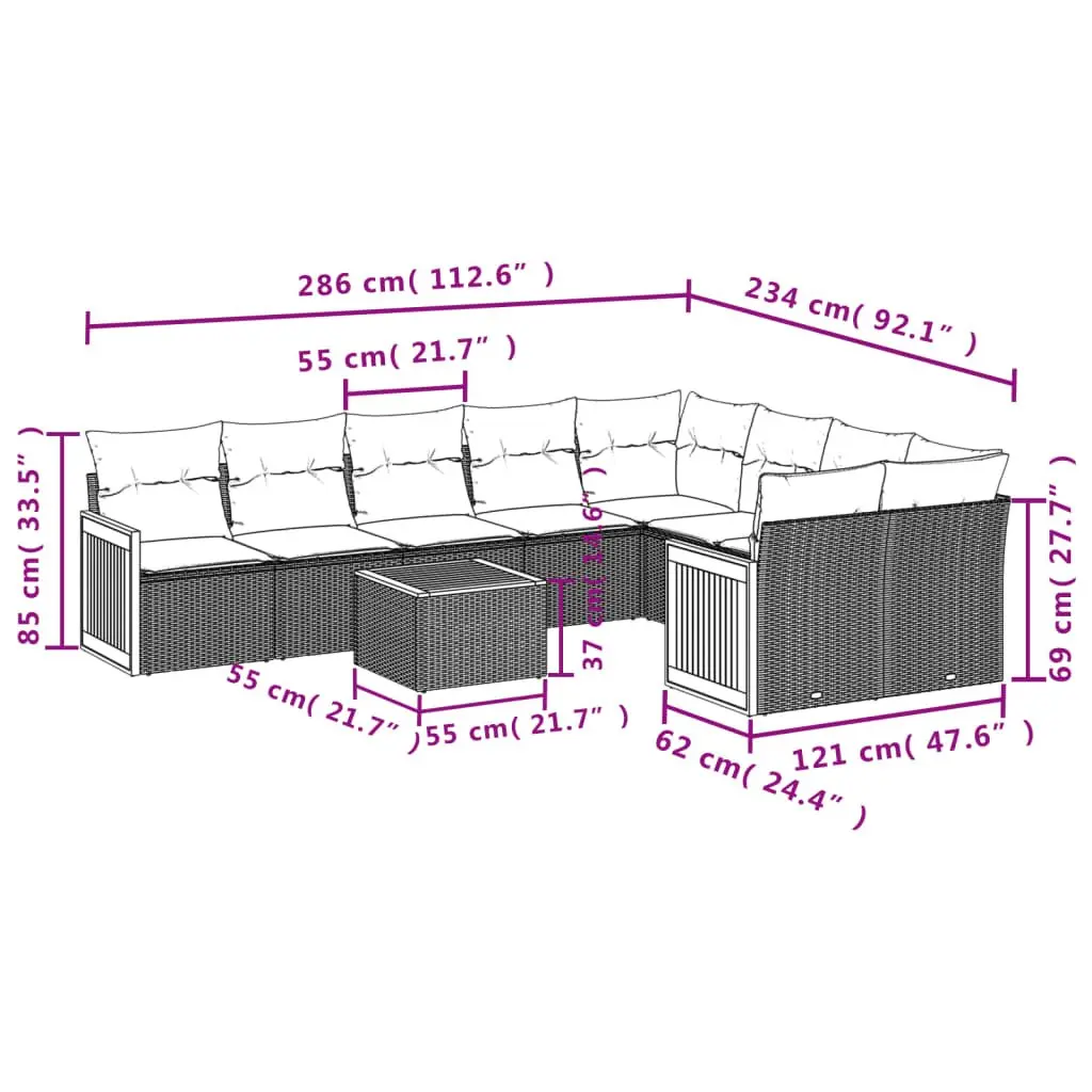 10 Piece Modular Grey Poly Rattan Outdoor Sofa Set for Patio Garden with Cushions and Acacia Wood Table