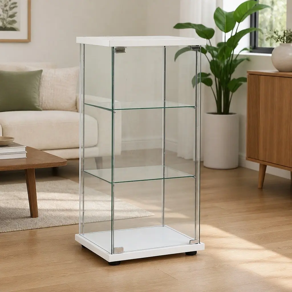 White Storage Cabinet with Glass Shelves