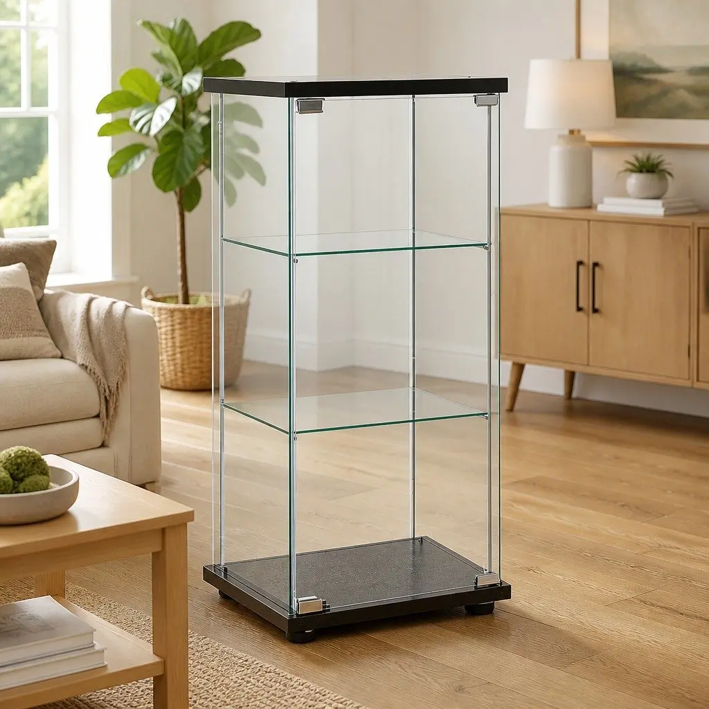 Black Storage Cabinet with Multiple Tempered Glass Shelves