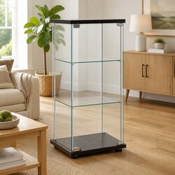 Black Storage Cabinet with Multiple Tempered Glass Shelves