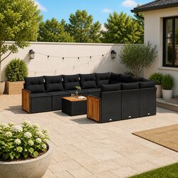 Garden Sofa Set 11 Piece Outdoor Patio Furniture with Cushions Black Poly Rattan