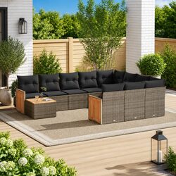 Garden Sofa Set 11 Piece Outdoor Furniture Patio Grey Poly Rattan with Cushions