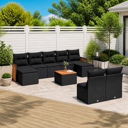 Outdoor Garden Sofa Set 10 Piece Black Poly Rattan Patio Furniture with Cushions