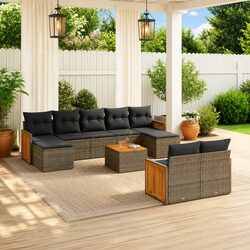 10 Piece Garden Sofa Set: Grey Rattan & Acacia Wood