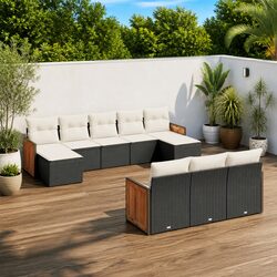 10 Piece Garden Sofa Set - Black PE Rattan with Cushions