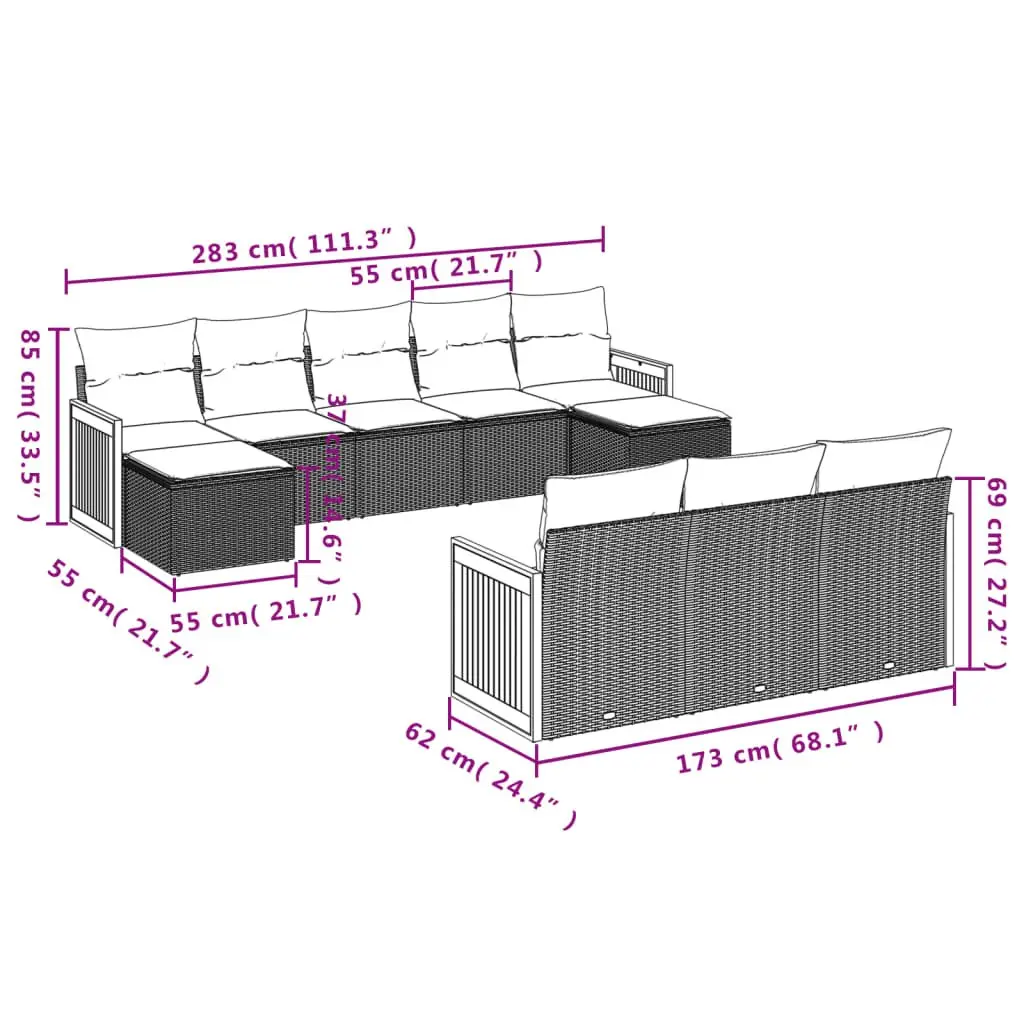 Garden Sofa Set Outdoor Furniture Patio Seating 10 Piece Black with Cushions