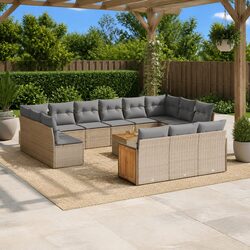 Garden Sofa Set: 14 Pieces, Modular Design, Beige Cushions