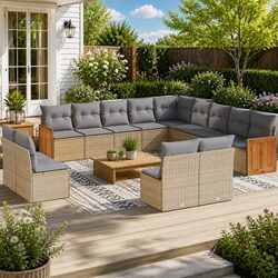 Garden Sofa Set: 13 Pieces, Beige Cushions, PE Rattan