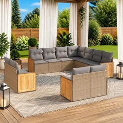 11 Piece Beige Patio Sofa Set with Weather-Resistant Cushions